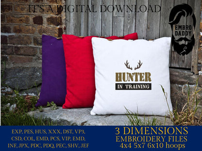 Machine Embroidery files, hunter in training, hunting, antler, deer, PES, dst, xxx, hus, dst & more