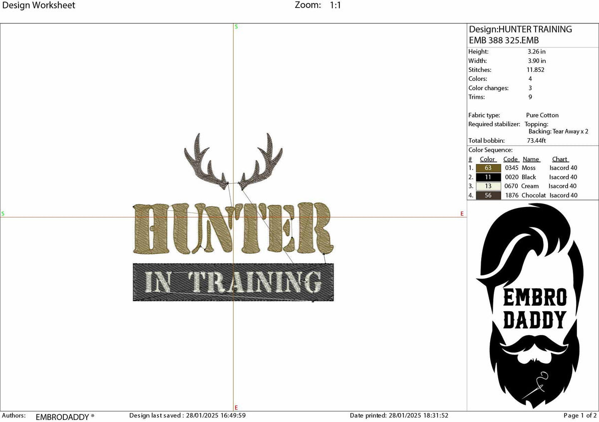 Machine Embroidery files, hunter in training, hunting, antler, deer, PES, dst, xxx, hus, dst & more