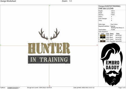 Machine Embroidery files, hunter in training, hunting, antler, deer, PES, dst, xxx, hus, dst & more