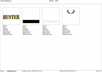 Machine Embroidery files, hunter in training, hunting, antler, deer, PES, dst, xxx, hus, dst & more