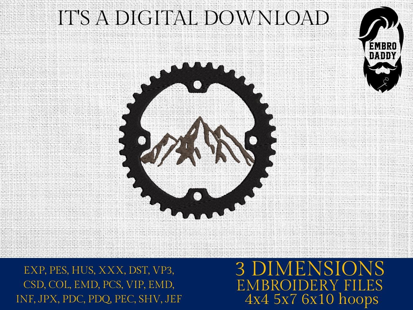 Machine Embroidery files, Chain ring with mountain, mountain bike, mtb, biker, cycling, mountain bike, downhill, PES, xxx, hus & more