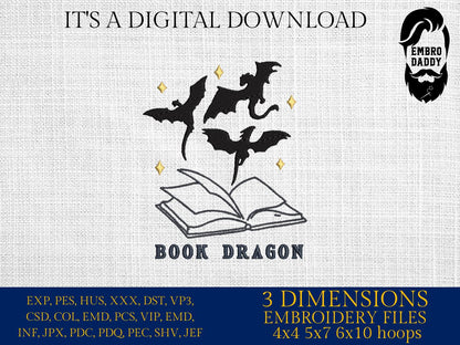 Machine Embroidery, book dragon, Booked, Reading, Booktrovert, Reader, funny book, PES, DST, xxx, hus and more