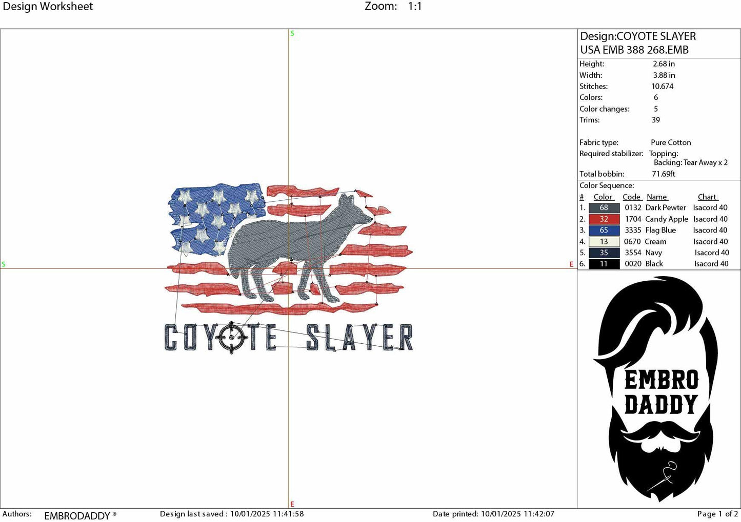 Machine Embroidery files, coyote slayer, USA Flag, PES, DST, xxx, hus & more