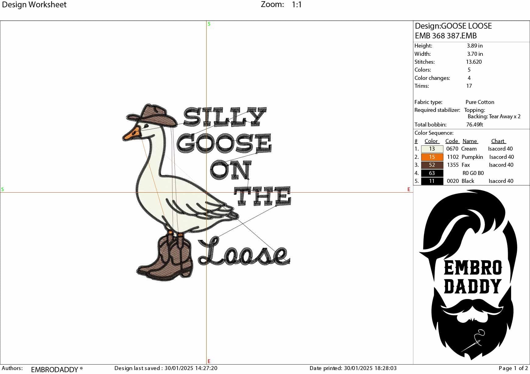 Machine Embroidery files, Silly goose on the loose, Trendy, Popular, Funny Goose PES, DST, xxx, hus & more