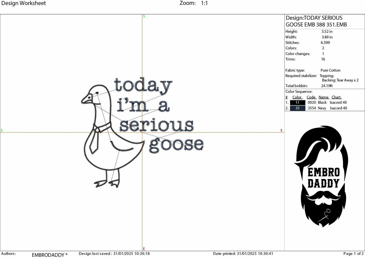 Machine Embroidery files, today I'm a serious goose, Trendy, Popular, Funny Goose PES, DST, xxx, hus & more