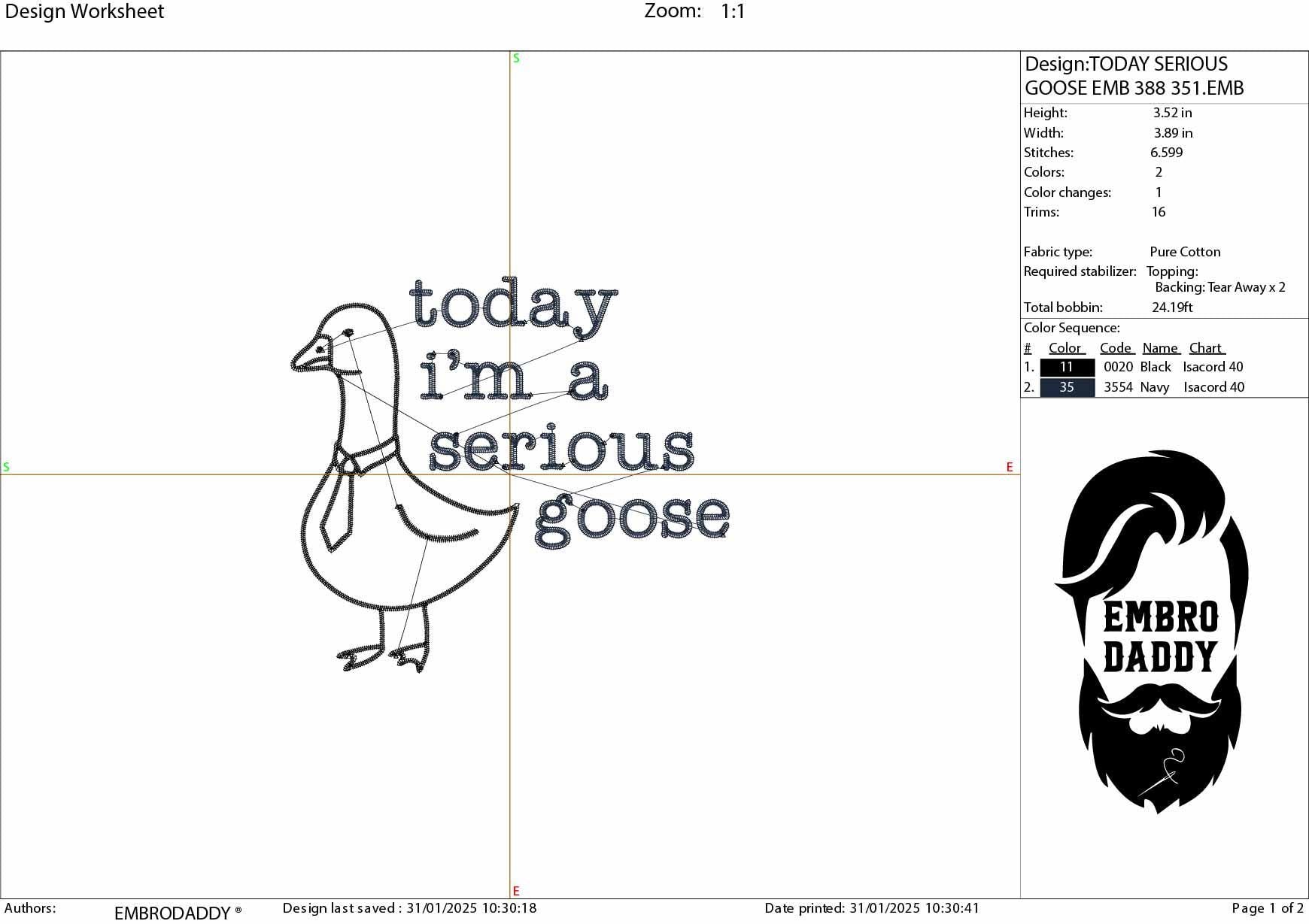 Machine Embroidery files, today I'm a serious goose, Trendy, Popular, Funny Goose PES, DST, xxx, hus & more