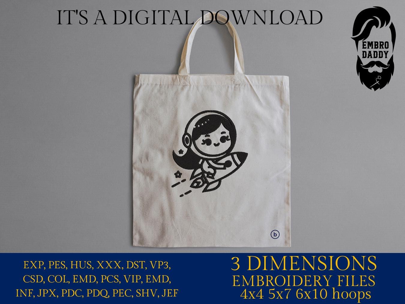 Machine Embroidery files, Cute Girl Space Astronaut Riding A Rocket , cute girl, PES, DST, xxx, hus & more
