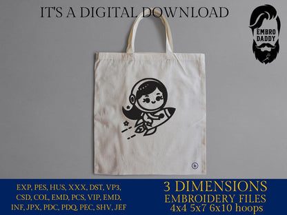 Machine Embroidery files, Cute Girl Space Astronaut Riding A Rocket , cute girl, PES, DST, xxx, hus & more