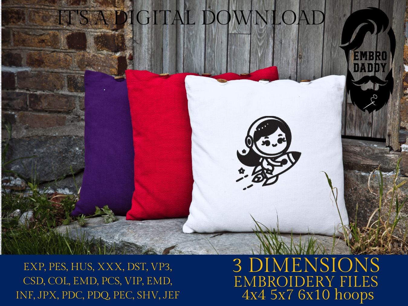 Machine Embroidery files, Cute Girl Space Astronaut Riding A Rocket , cute girl, PES, DST, xxx, hus & more