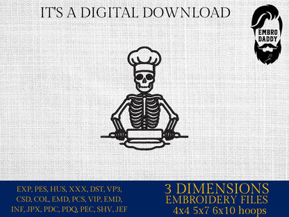 Machine Embroidery files, Baker Skeleton, Baking, Rolling Pin Bake Cake Pastries Cupcake Pastry Bread Pasta, PES, xxx, hus & more