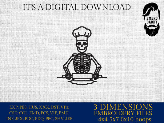 Machine Embroidery files, Baker Skeleton, Baking, Rolling Pin Bake Cake Pastries Cupcake Pastry Bread Pasta, PES, xxx, hus & more