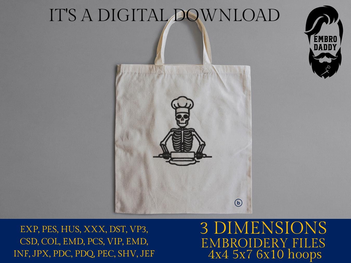 Machine Embroidery files, Baker Skeleton, Baking, Rolling Pin Bake Cake Pastries Cupcake Pastry Bread Pasta, PES, xxx, hus & more