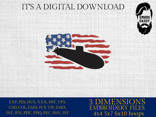 Machine Embroidery files, USA flag, Submarine, Navy, PES, xxx, dst, hus & more