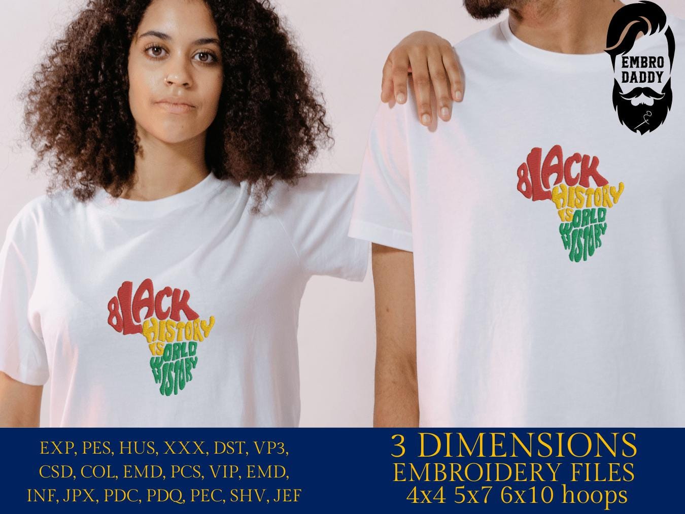Machine Embroidery files, Black History is World History, PES, hus, dst, vp3 & more