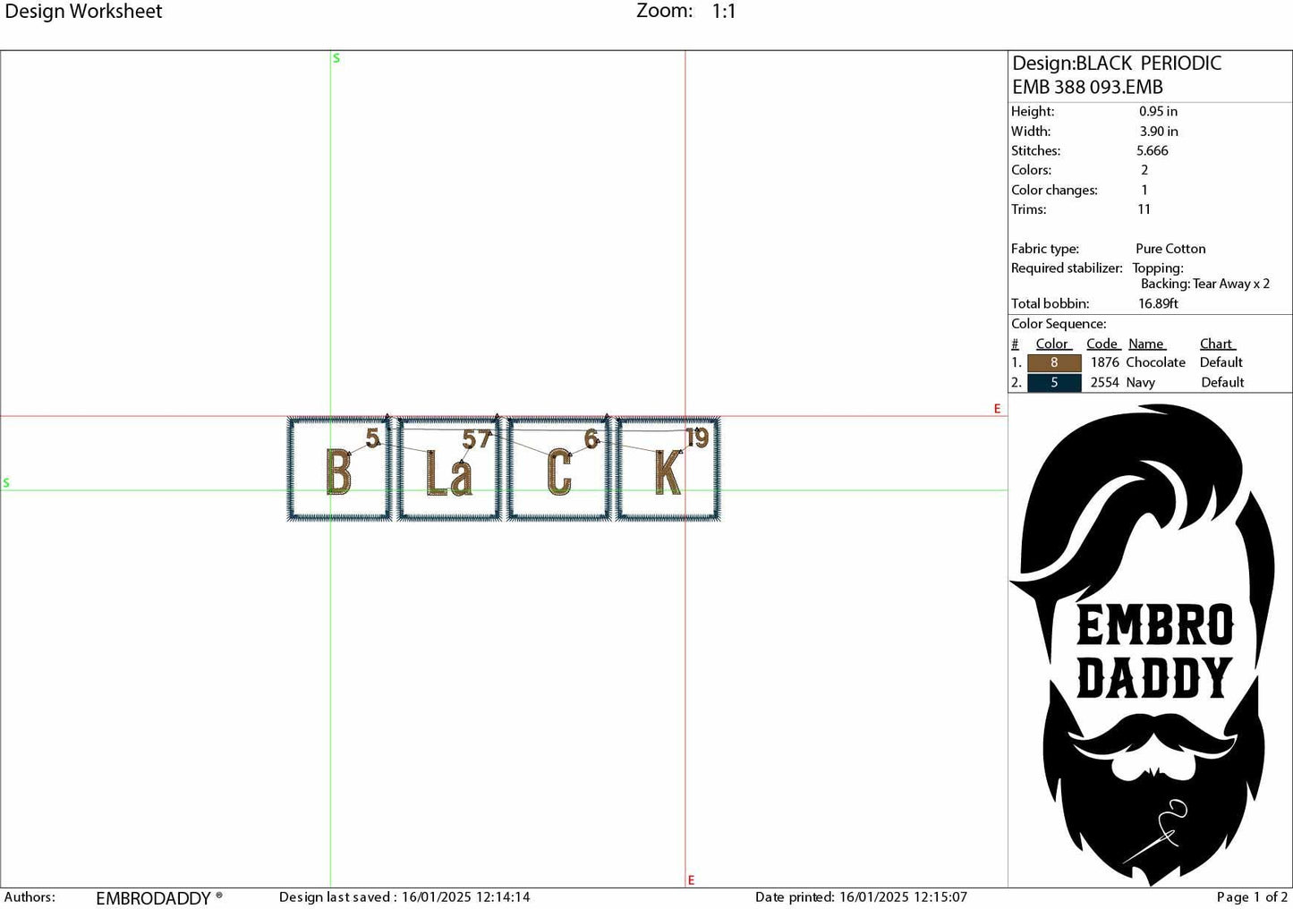 Machine Embroidery files, Black, Periodic Table, PES, dst, hus, dst, vp3 & more