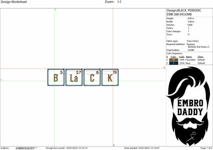 Machine Embroidery files, Black, Periodic Table, PES, dst, hus, dst, vp3 & more
