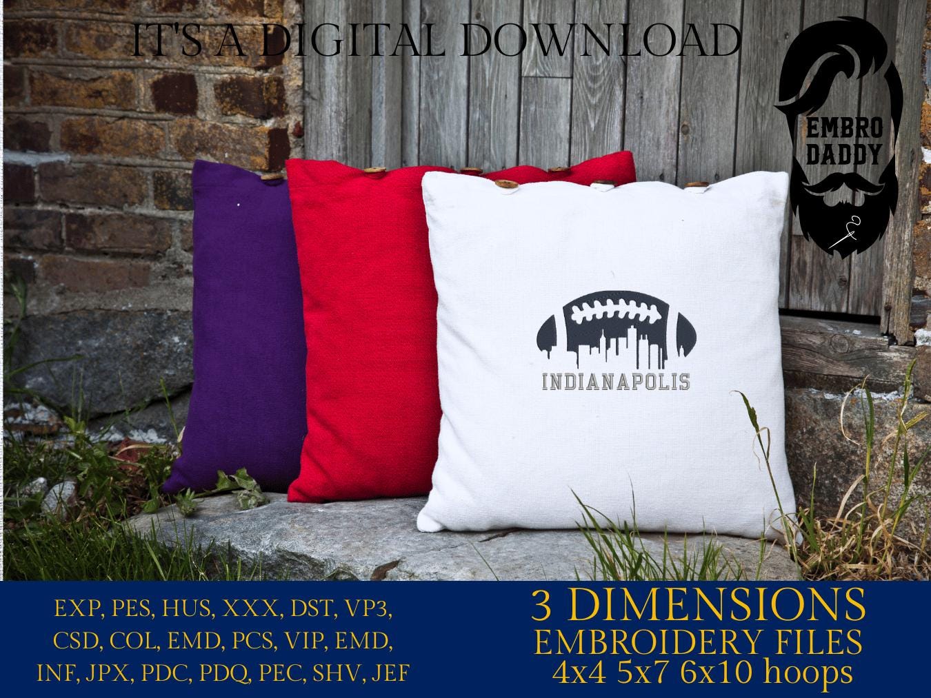 Machine Embroidery files, Indianapolis City skyline, football gift idea PES, dst, xxx, hus & more