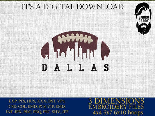 Machine Embroidery files, Dallas City skyline, football gift idea PES, dst, xxx, hus & more