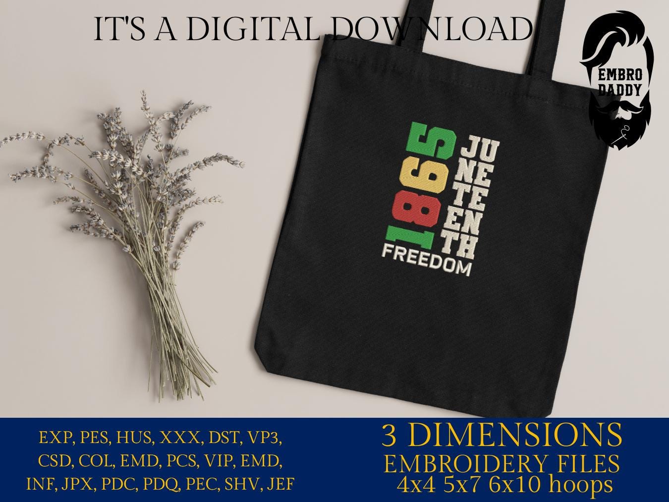 Machine Embroidery files, 1865 Juneteenth freedom, PES, hus, dst, vp3 & more