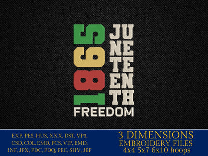 Machine Embroidery files, 1865 Juneteenth freedom, PES, hus, dst, vp3 & more