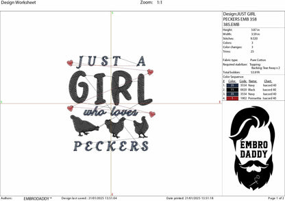 Machine Embroidery files, just a girl who loves peckers, PES, DST, xxx, hus & more
