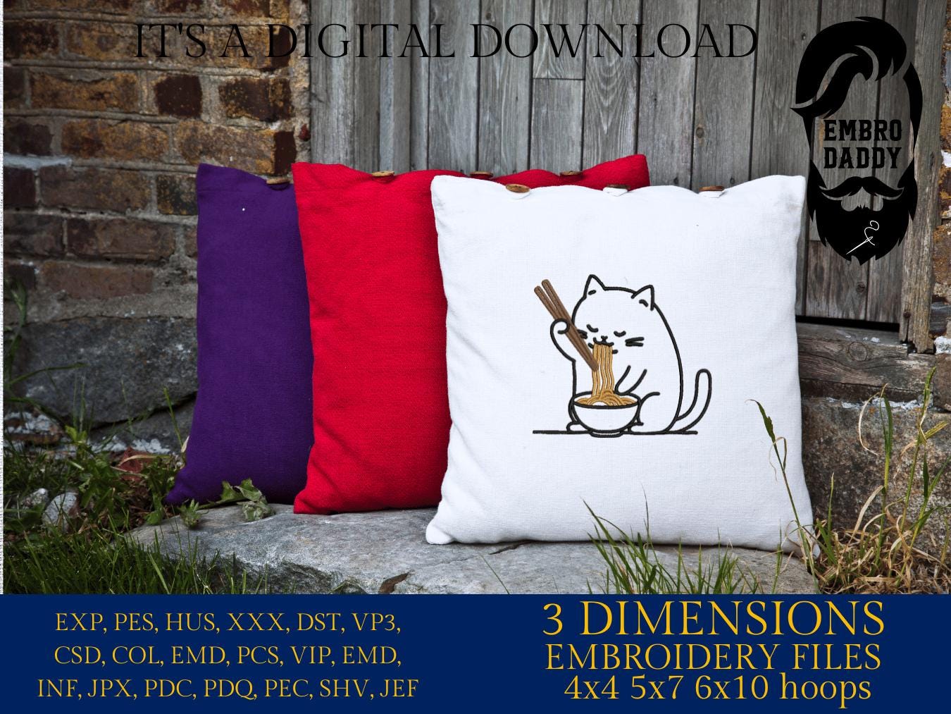 Machine Embroidery files, Cute Cat, Japanese Noodle, Cartoon Cat, Cat Eating Ramen, PES, DST, xxx, hus & more