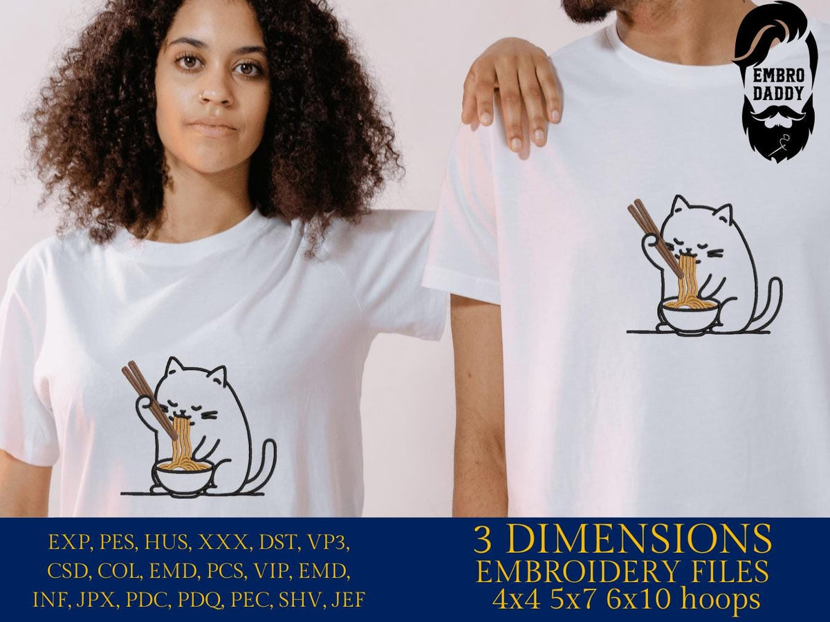 Machine Embroidery files, Cute Cat, Japanese Noodle, Cartoon Cat, Cat Eating Ramen, PES, DST, xxx, hus & more