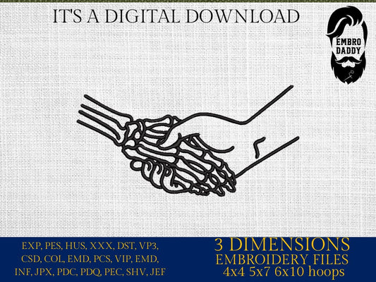 Machine Embroidery files, Handshake With Skeleton, Shake Hands, Gothic Bones, PES, xxx, hus & more