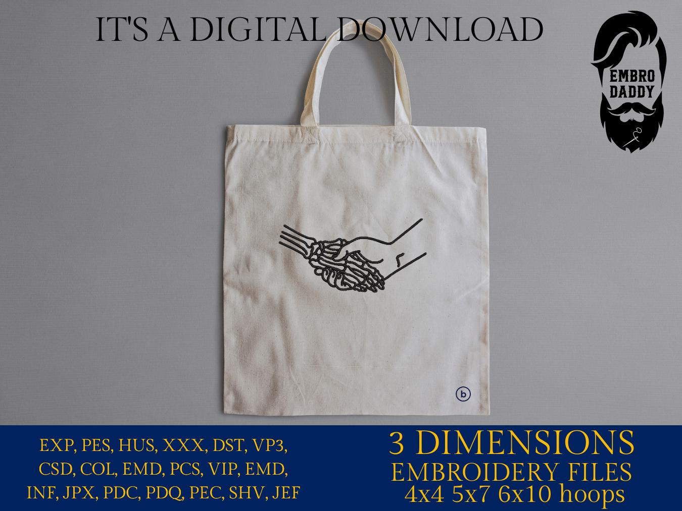 Machine Embroidery files, Handshake With Skeleton, Shake Hands, Gothic Bones, PES, xxx, hus & more