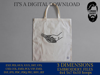 Machine Embroidery files, Handshake With Skeleton, Shake Hands, Gothic Bones, PES, xxx, hus & more