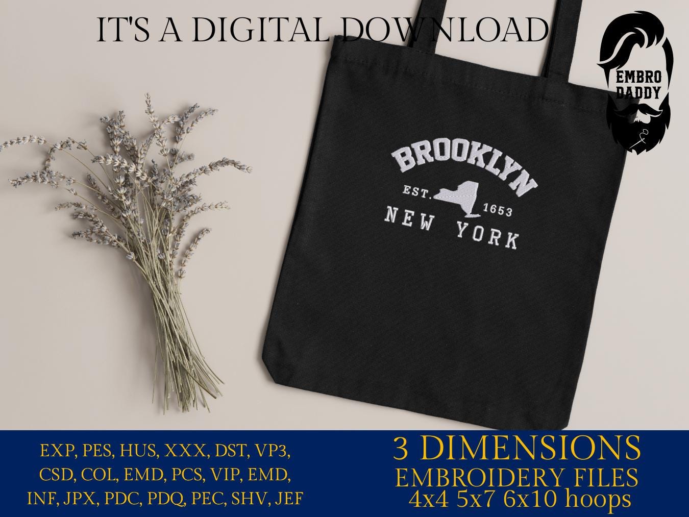 Machine Embroidery files, Brooklyn est 1653, New York, PES, DST, xxx, hus & more
