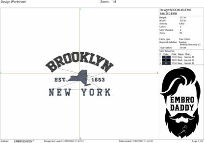 Machine Embroidery files, Brooklyn est 1653, New York, PES, DST, xxx, hus & more