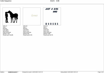 Machine Embroidery files, just a girl who loves horses, PES, DST, xxx, hus & more