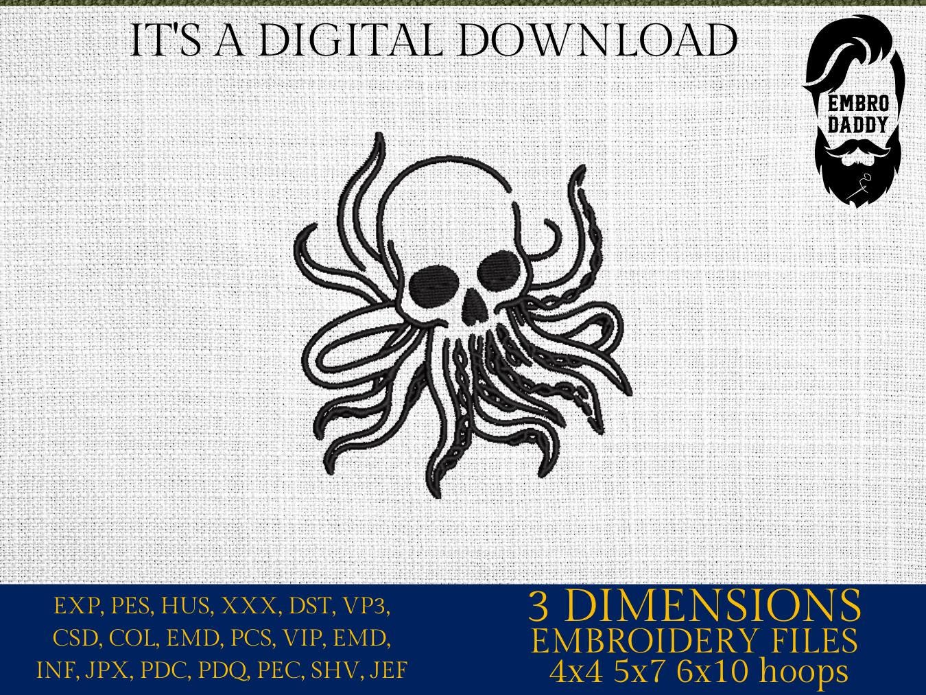 Machine Embroidery files, Skull Octopus, Tentacles, Ocean Sea Monster, Scary Monster, Halloween, Scary, PES, DST, xxx, hus and more