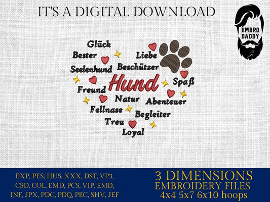 Machine Embroidery files, Heart, dog, Hund, German, pes, hus & more