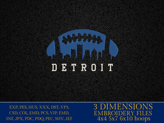 Machine Embroidery files, Detroit City skyline, football gift idea PES, dst, xxx, hus & more