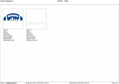 Machine Embroidery files, Detroit City skyline, football gift idea PES, dst, xxx, hus & more