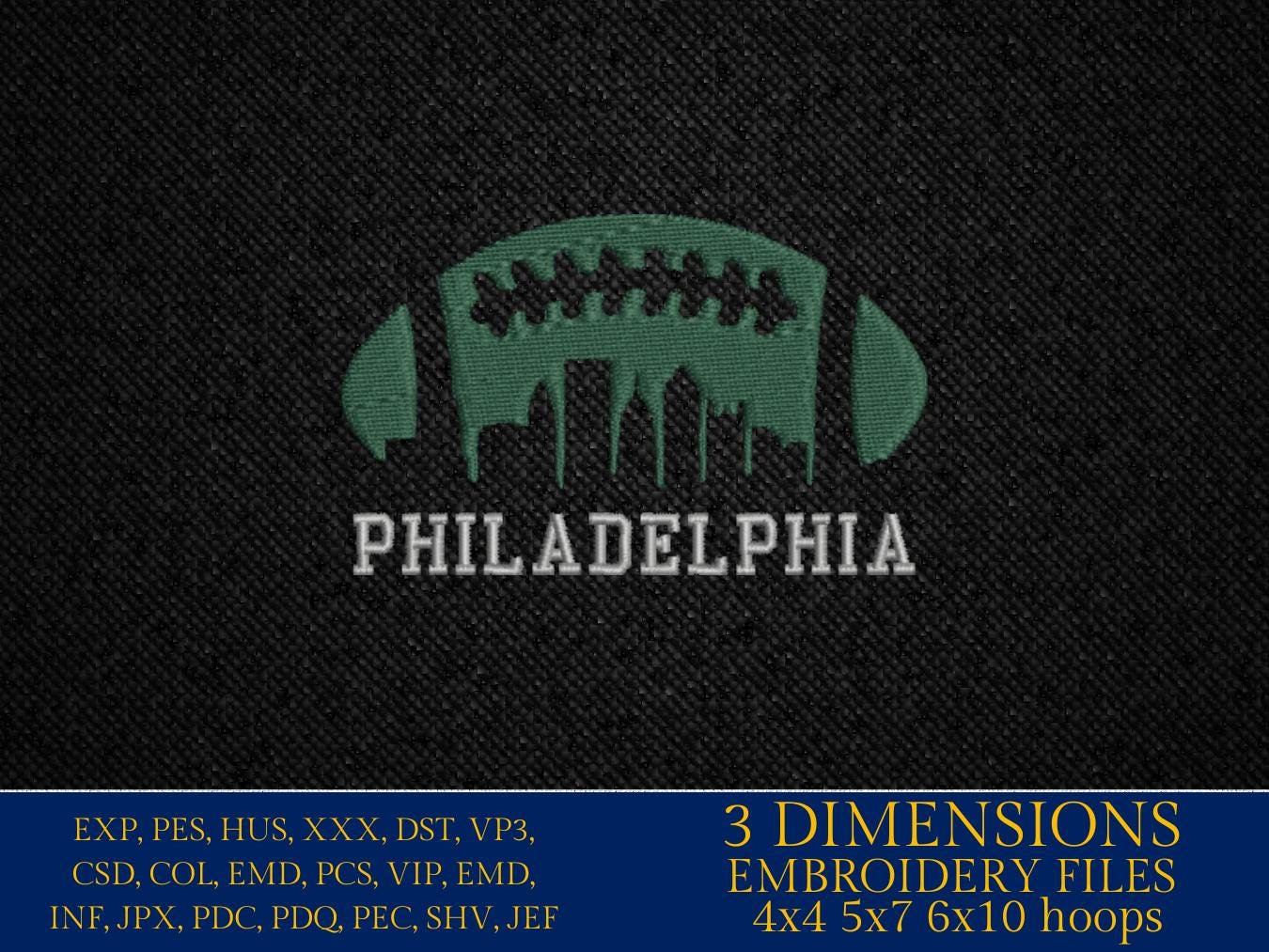 Machine Embroidery files, Philadelphia City skyline, football gift idea PES, dst, xxx, hus & more