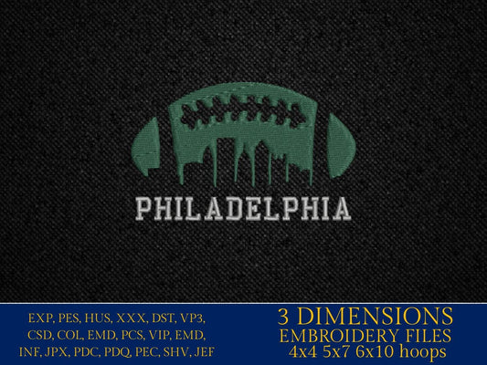 Machine Embroidery files, Philadelphia City skyline, football gift idea PES, dst, xxx, hus & more