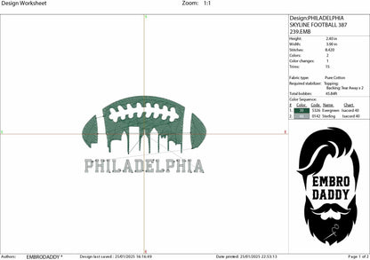 Machine Embroidery files, Philadelphia City skyline, football gift idea PES, dst, xxx, hus & more