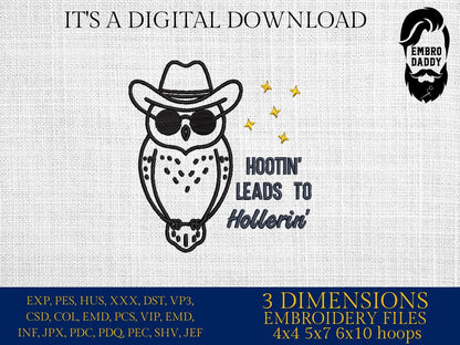 Machine Embroidery files, Hootin' Leads To Hollerin, Vintage Western Owl Design, Cowboy Country Saying, PES, dst, xxx, hus & more