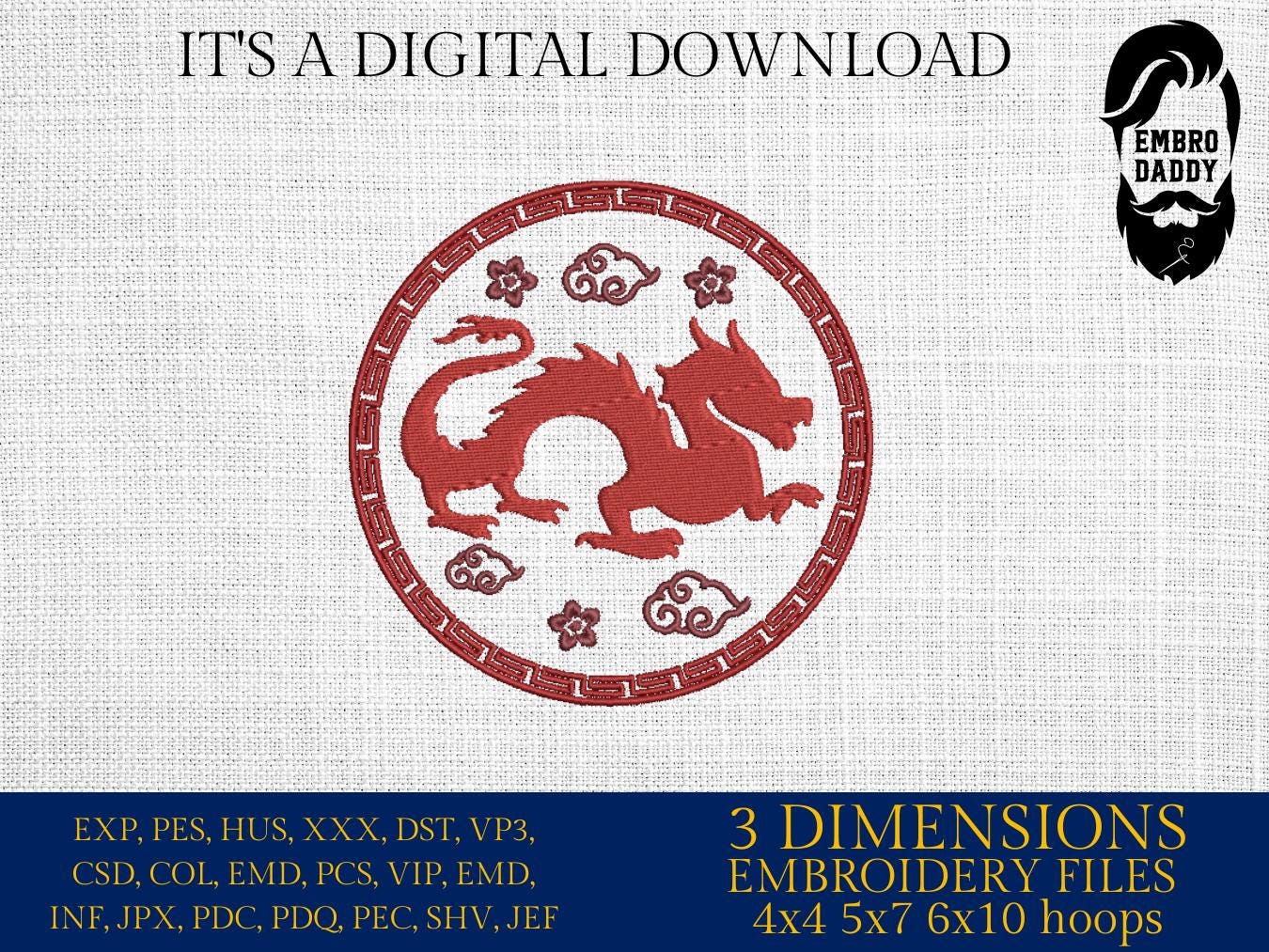 Machine Embroidery files, Chinese Dragon, China Holiday, PES, DST, xxx, hus & more