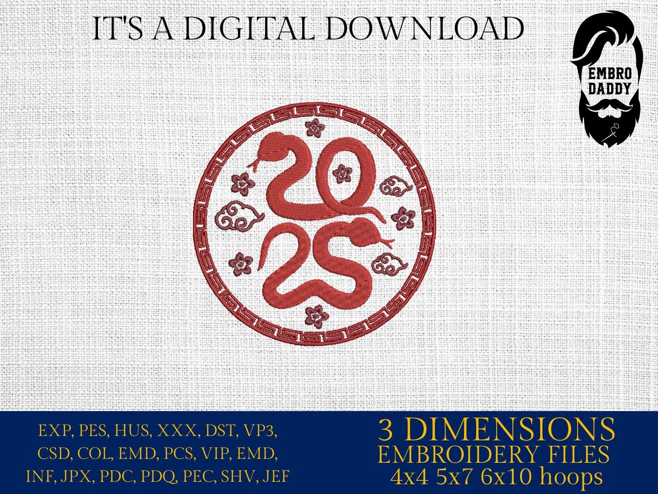 Machine Embroidery files, Chinese snake 2025, China Holiday, PES, DST, xxx, hus & more