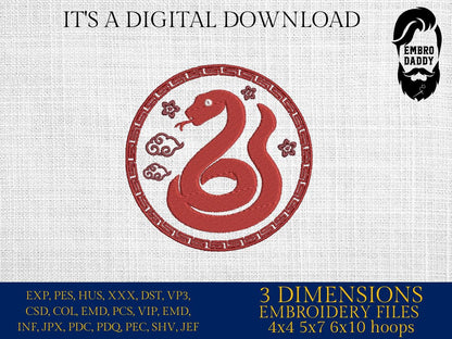 Machine Embroidery files, Chinese wood snake, China Holiday, PES, DST, xxx, hus & more