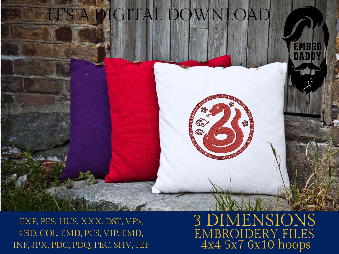 Machine Embroidery files, Chinese wood snake, China Holiday, PES, DST, xxx, hus & more