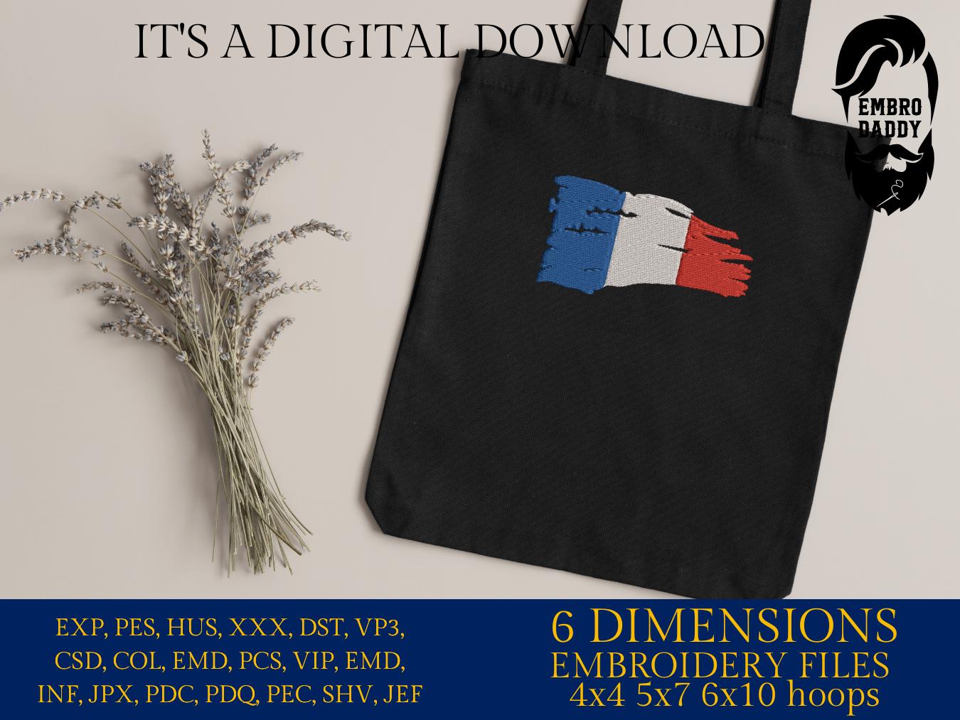 Machine Embroidery, French flag distressed 6 sizes, France lover, France embroidery files, gift idea PES, xxx, hus & more