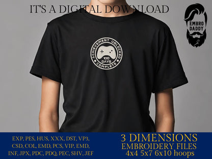 Machine Embroidery files, 100 Days of School, Gamer Gaming 100th Day of School Student, 100 Days Unlocked, DST, PES, xxx, hus & more