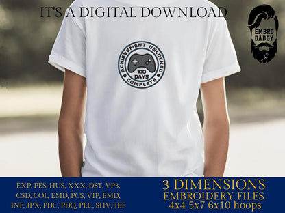 Machine Embroidery files, 100 Days of School, Gamer Gaming 100th Day of School Student, 100 Days Unlocked, DST, PES, xxx, hus & more