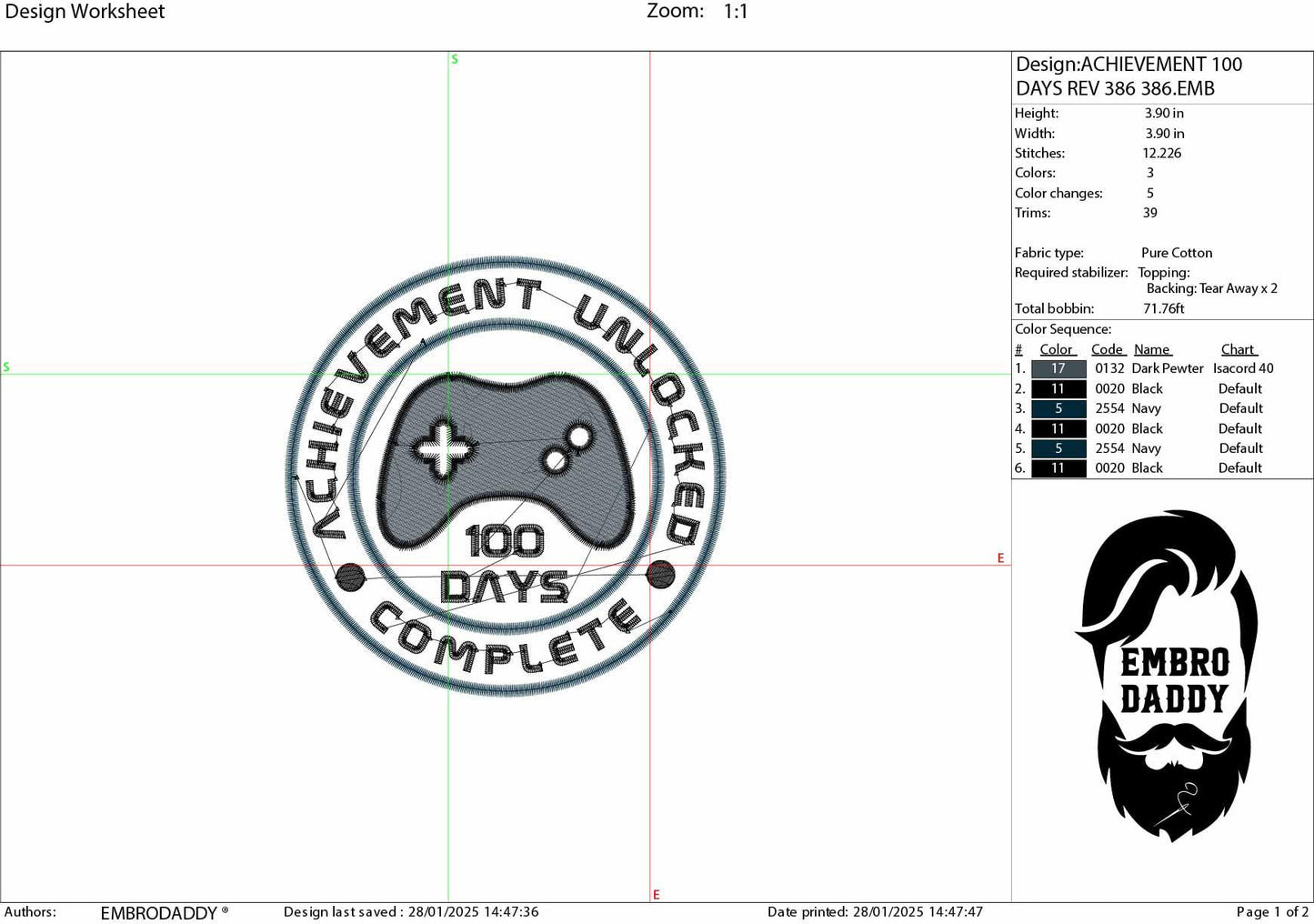 Machine Embroidery files, 100 Days of School, Gamer Gaming 100th Day of School Student, 100 Days Unlocked, DST, PES, xxx, hus & more