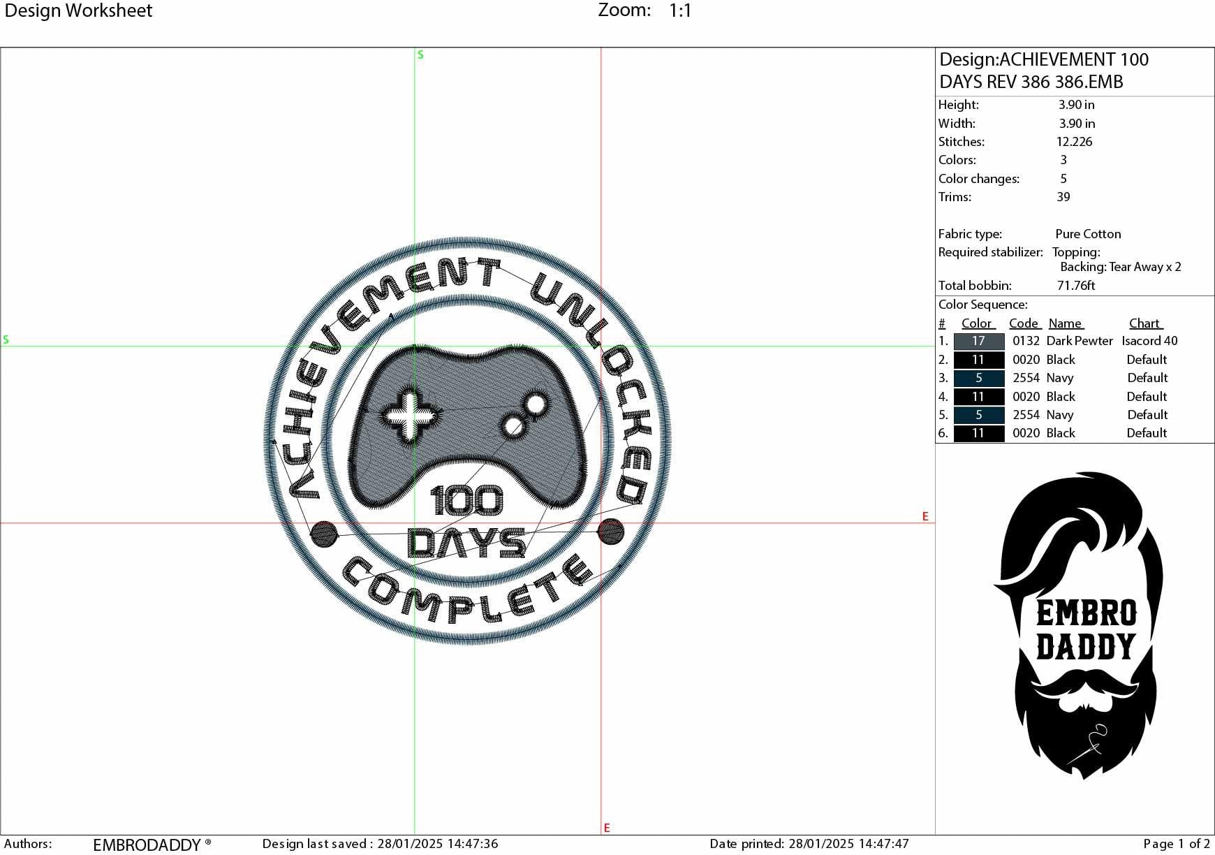 Machine Embroidery files, 100 Days of School, Gamer Gaming 100th Day of School Student, 100 Days Unlocked, DST, PES, xxx, hus & more